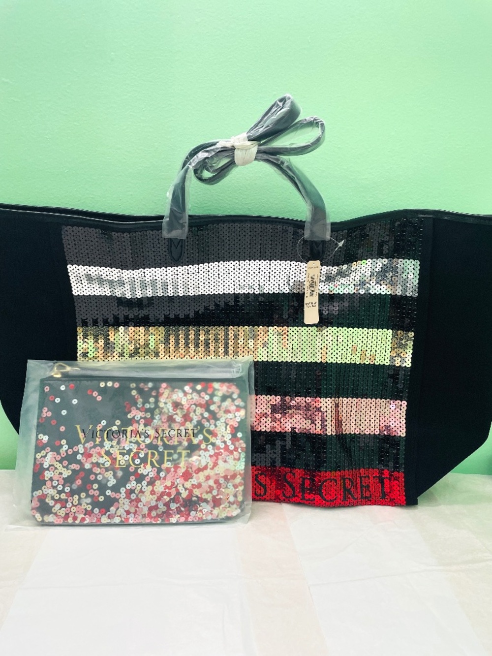 NWT Victoria's Secret Sequin Stripe Canvas Tote Bag & Matching Pouch Set